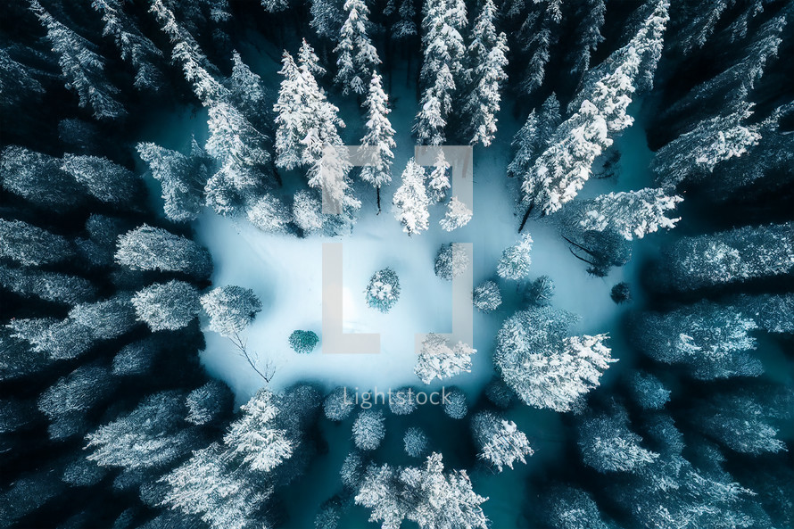Aerial photo of snow covered forest
