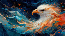 A white Bald eagle engulfed in blue and orange streams of living water and liquid paint. An abstract painting of an eagle and the atmosphere around it. 