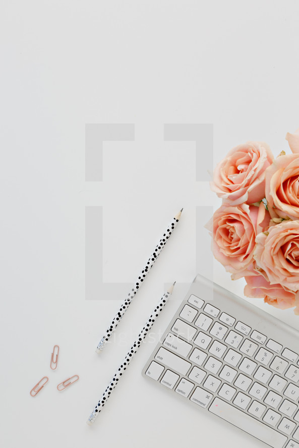 paperclips, computer keyboard, pencils, and peach roses on a desk 