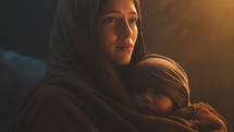 Mary and a young Jesus with a slow falling snow and flickering fire-light. This animation was created using an AI-generated image composited with other elements inside of After Effects.