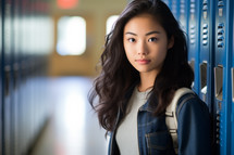 AI generative images. Female Asian high school student standing near lockers
