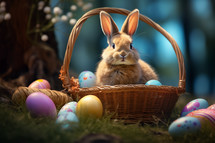 AI Generated Image. Fluffy Ester bunny next to the basket with Easter eggs