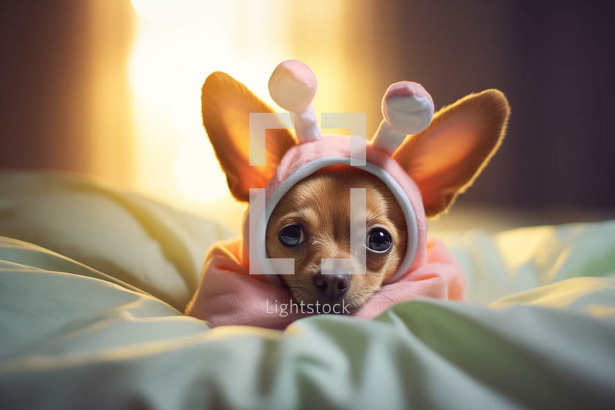 AI Generated Image. Cute little dog on a bed wearing Easter bunny ears