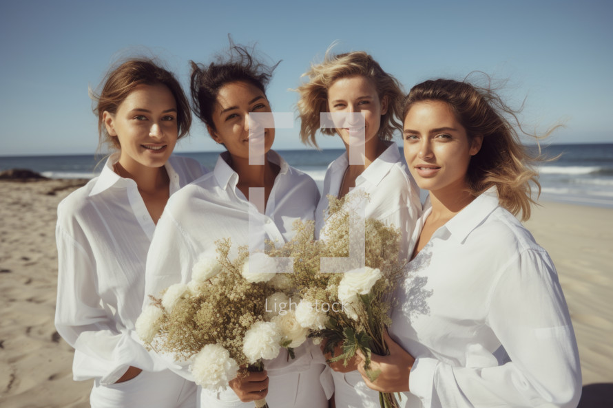 AI Generated Image. Young smiling women in white shirts with bouquets of flowers