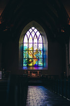 Stained glass window in the Chapel of St. Timothy and St. Titus on the campus of Concordia Seminary, St. Louis.