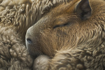 AI Image. Cute little capybara sleeping and wrapping in soft wool