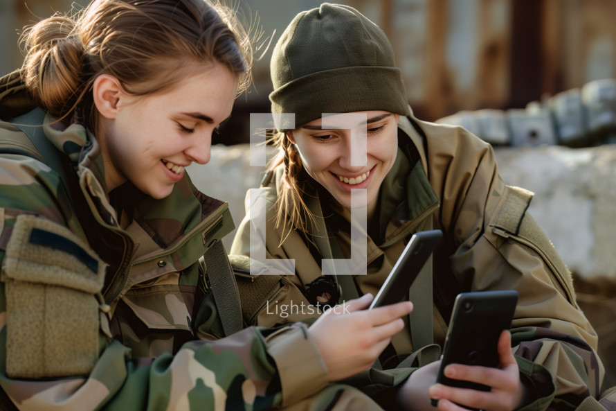 AI Image. Two young female soldiers having rest in military yard using smartphone