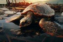 AI generative image. Turtle in toxic oil pollution. Environmental issues concept