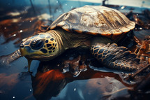 AI generative image. Turtle in toxic oil pollution. Environmental issues concept