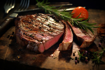 AI Generated Image. Sliced roasted medium rare barbecue steak with rosemary