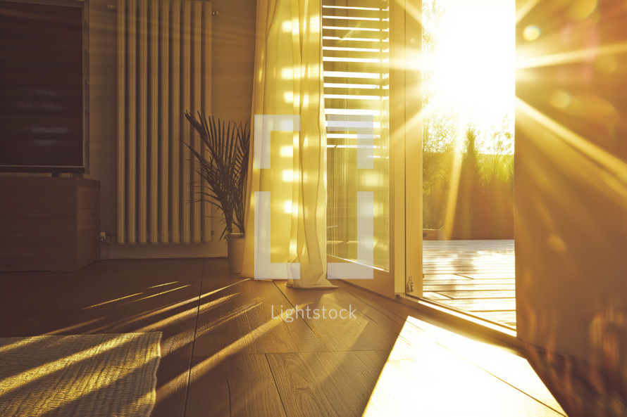 AI Generated Image. Cozy and comfortable home interior with open door and sunlight rays