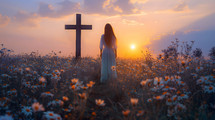 Woman in front of old wooden cross at sunset. Christianity and worship concept.