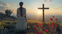 Woman from behind in front of old wooden cross
Woman in front of old wooden cross at sunset. Christianity and worship concept.