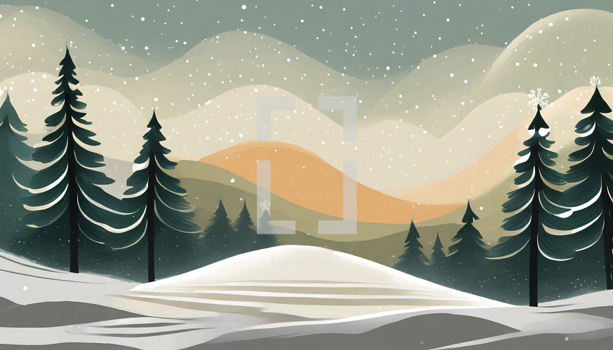 Snowy hill painting with a forest of pine trees with space for text
