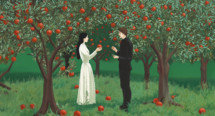 Conceptual illustration of Adam and Eve and the apple