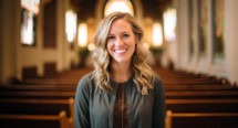 Portrait of a smiling happy young womanwith a church background