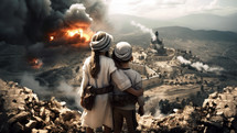 Two Arab brothers watch the bombed city from a hilltop. War concept