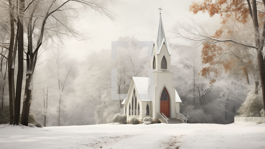 An historic country church in the wintery snow