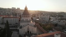Aerial View of the Basilica of the Annunciation in Nazareth at sunrise