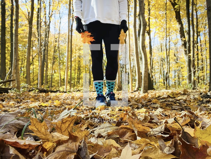 legs of a woman standing in an autumn forest 