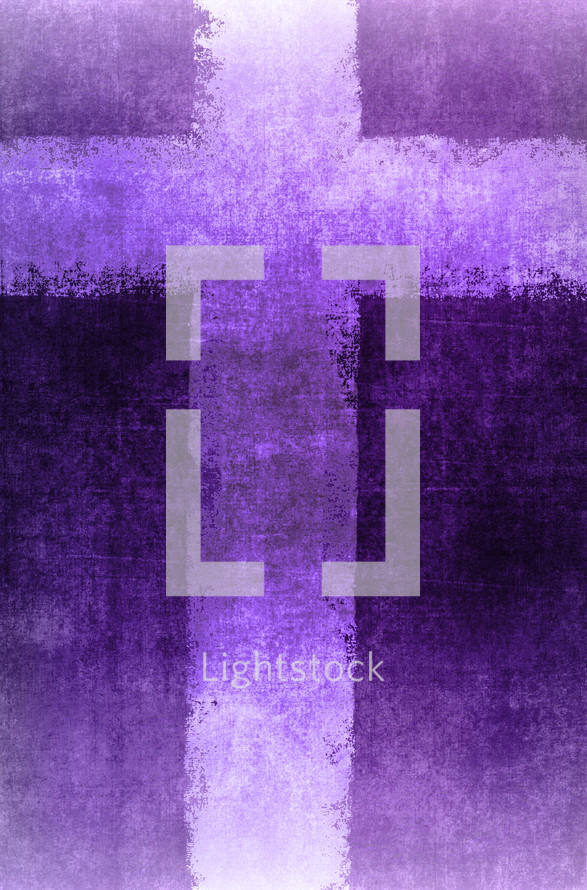 rough cross in white and purple, with the appearance of rolled paint on woven fabric