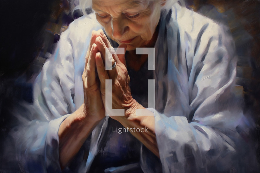 Painting of the hands of a older women in prayer