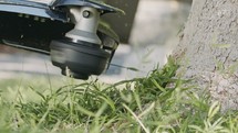 Slow motion of a string trimmer cutting weeds and grass in a garden