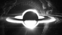 Black and white animation of a Black Hole in Outer Space. Nebula and matter around Event Horizon distorting Space and Time