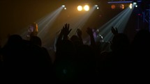 spot lights, audience, standing, stage lights, worship service, musicians, on stage, church, contemporary worship service 