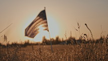 American flag in a field at sunset 