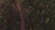 aerial view over a mountain forest and dirt road 