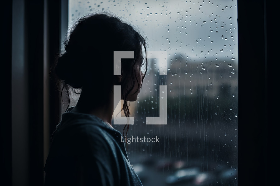 A young woman seen from behind, looking out a window into the rain