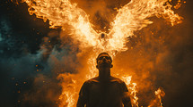 A fiery dove hovering over a man who is facing forward