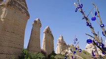 Fairy chimneys at Cappadociae landscape in Goreme, Turkey. Showing hanging greek eyes
