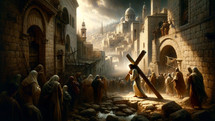 Jesus carrying the cross through the streets of Jerusalem