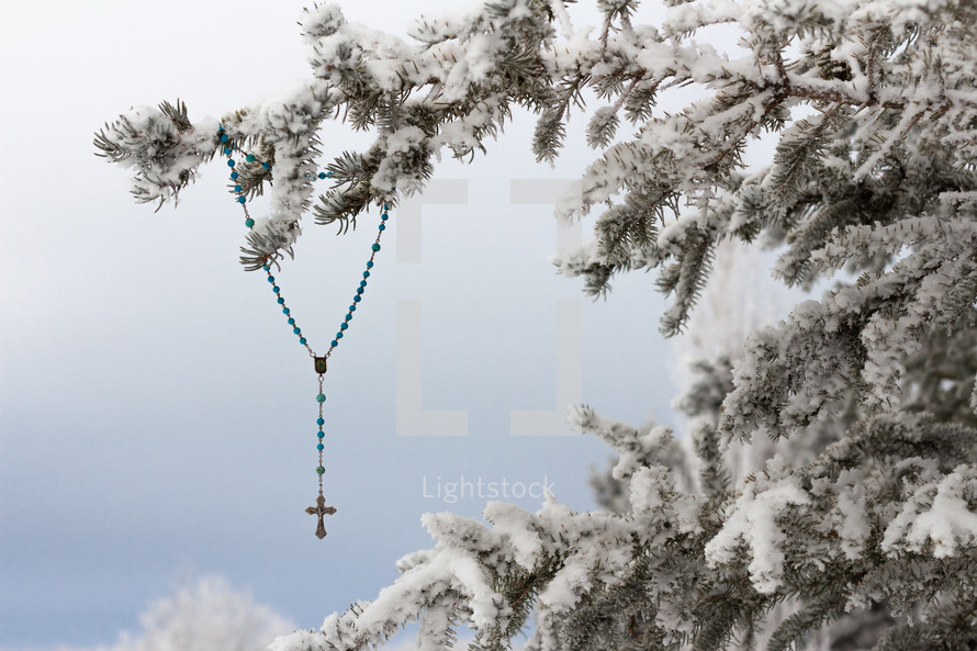 turquoise rosary beads hanging in a tree in winter 