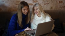 Two girls having a meeting at a modern cafe, using laptop and discussing topic.