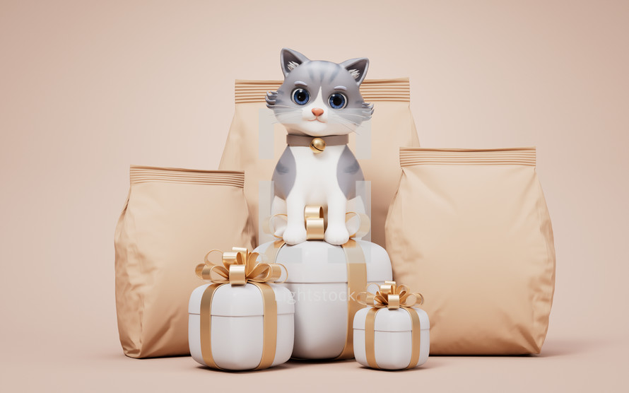 Little cat and brown blank paper package bag, 3d rendering.