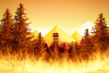 illustration of forest fires with watchtower
