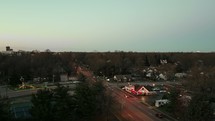 drone shot of traffic in a small town 