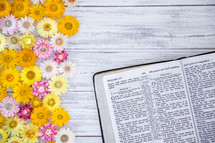 flowers and Bible on a white wood background