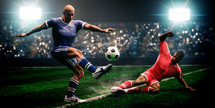 Soccer or European football. Football soccer players slide tackle for possession of the ball. 3D rendering.
