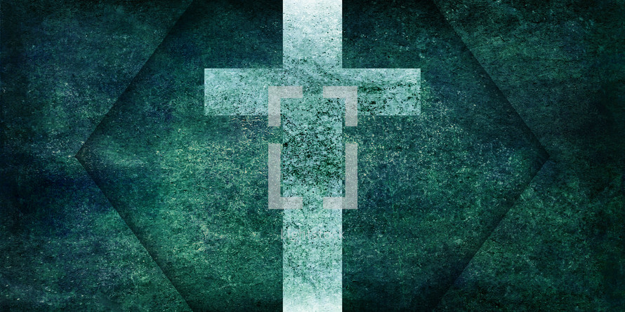 textured, light cross on dark distressed blue green background with hexagon shape frame effect