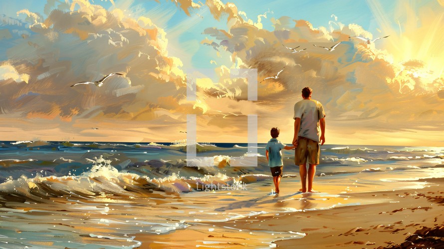 Father and son walk on the shore