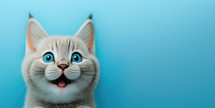 Cute cat smiling and isolated on blue background with copy space