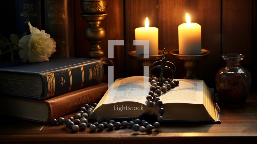 Holy Bible with candles in a religious lectern