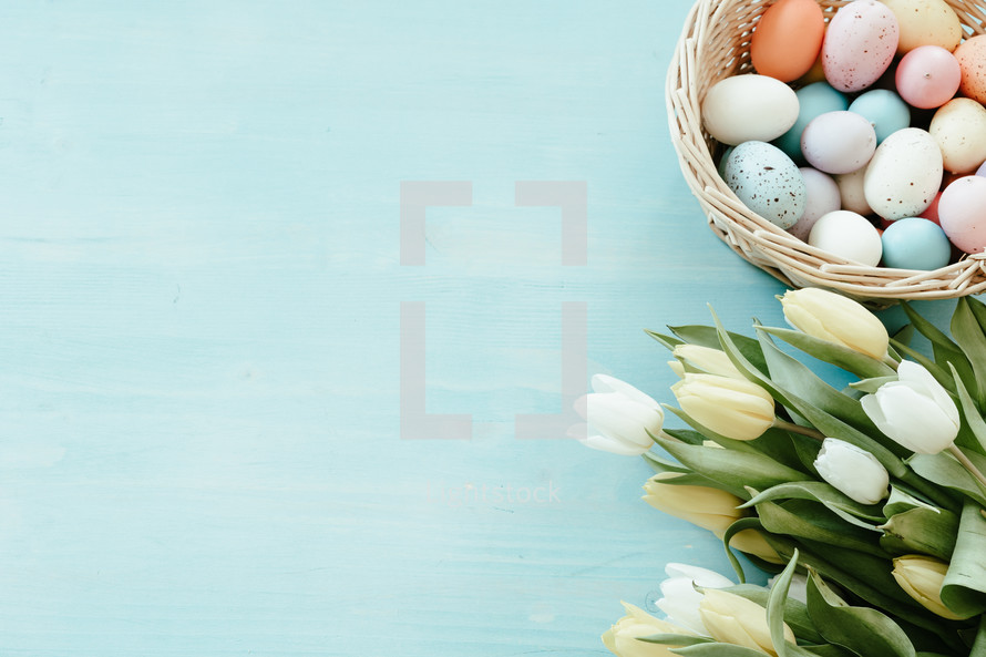 Border of basket of easter eggs and yellow and white tulips on a blue wood background