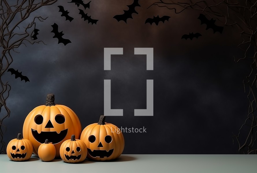 Halloween pumpkins and bats on dark background. 3d render