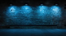 Blue brick wall with spotlights. 3D rendering. Neon light.