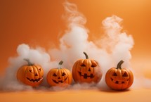 Halloween pumpkins with smoke on orange background, 3d render